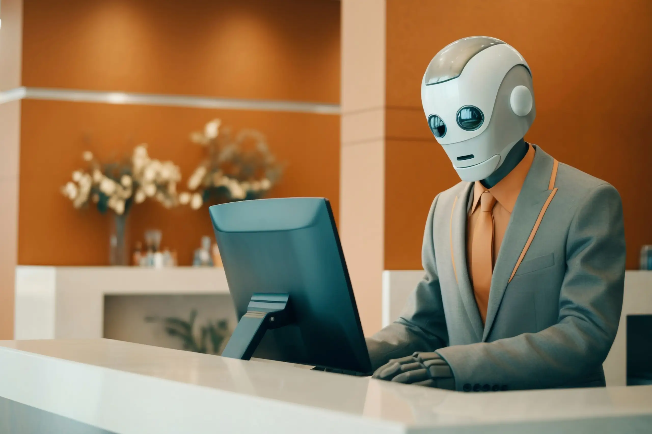 A humanoid robot in a suit and tie operates a computer at a sleek reception desk in a modern, warmly designed lobby