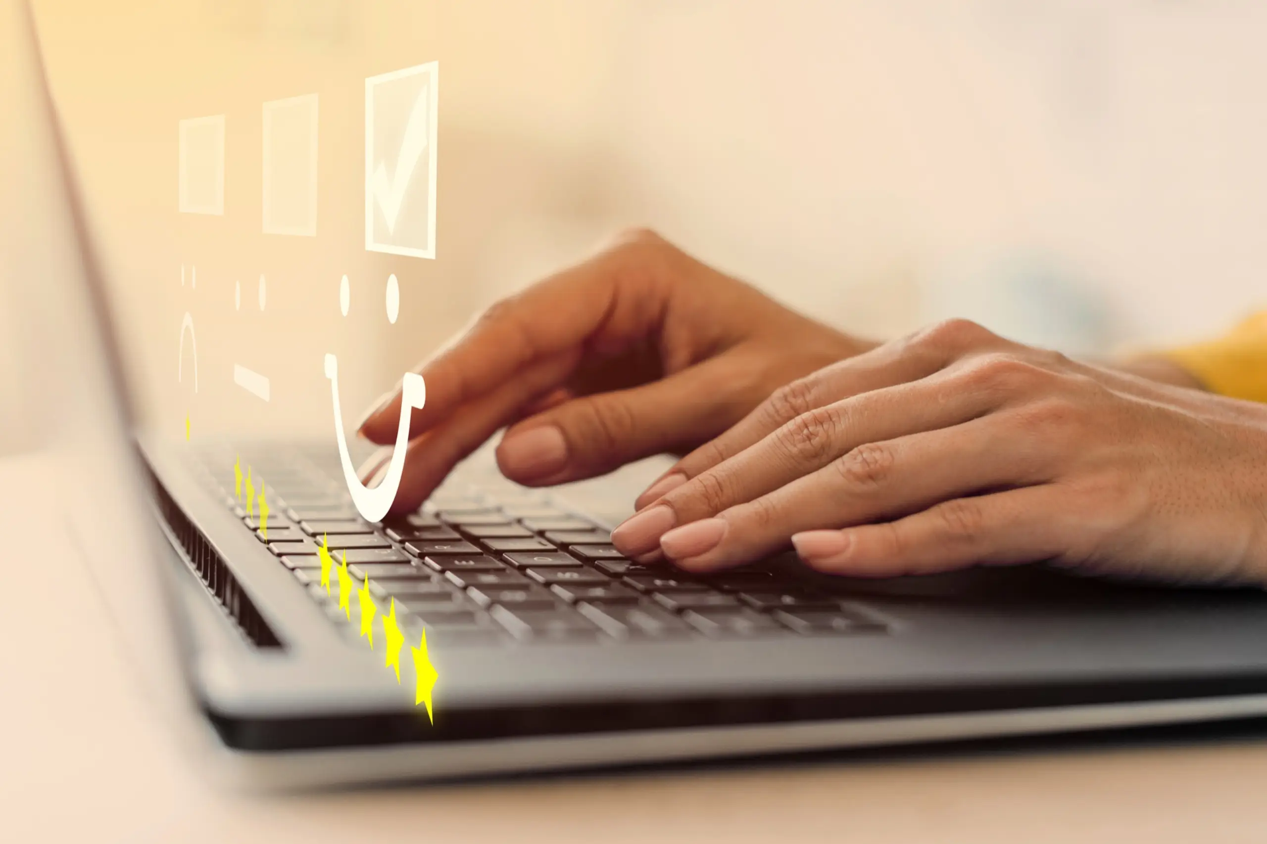 A person types on a laptop, surrounded by graphics representing feedback_ smiley faces, checkmarks, and stars, indicating user experience